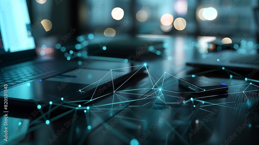 Poster Tech devices connected to each other by businessman on blurred background 3D rendering : Generative AI