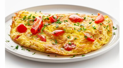 Omelette with fresh red bell peppers, detailed and vibrant, isolated white background, professional studio lighting