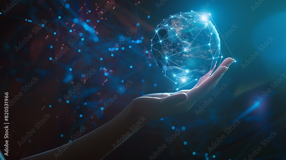 Leinwandbilder metaverse virtual technologywoman hand holding global network connection internet communication wire