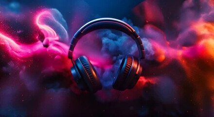 World music day, headset headphones on abstract colorful dust background. Music day event and musical instruments colorful design