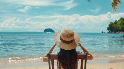 Summer beach vacation concept Asia woman with hat relaxing and arm up on chair beach at Koh Mak Trad Thailand : Generative AI