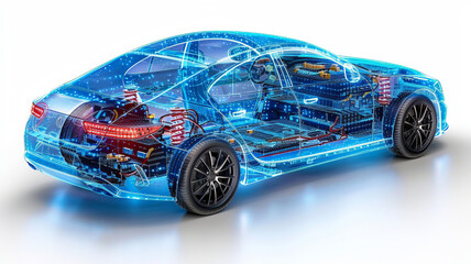 a 3d mesh of a car showing the wiring network inside,generative ai