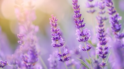 Fototapeta premium Lavender purple flowers closeup on a blurred background field : Generative AI