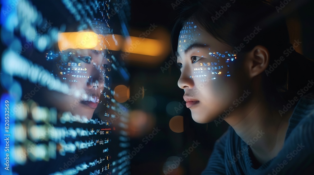 Aufkleber Portrait of Asian Female Startup Digital Entrepreneur Working on Computer Line of Code Projected on Her Face and Reflecting Software Developer Working on Innovative eCommerce App using : Generative AI