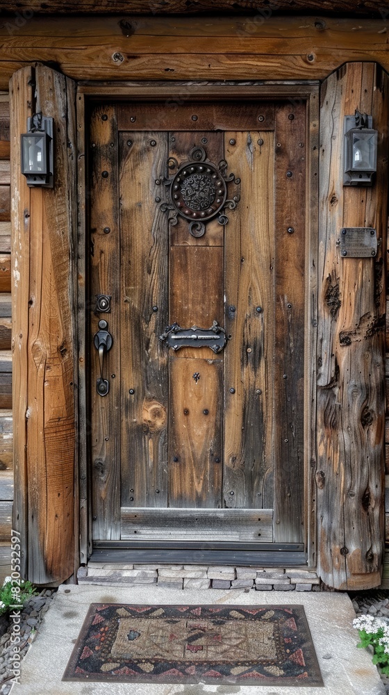 Poster Entrance door made of old wooden logs, very detailed. Generative AI