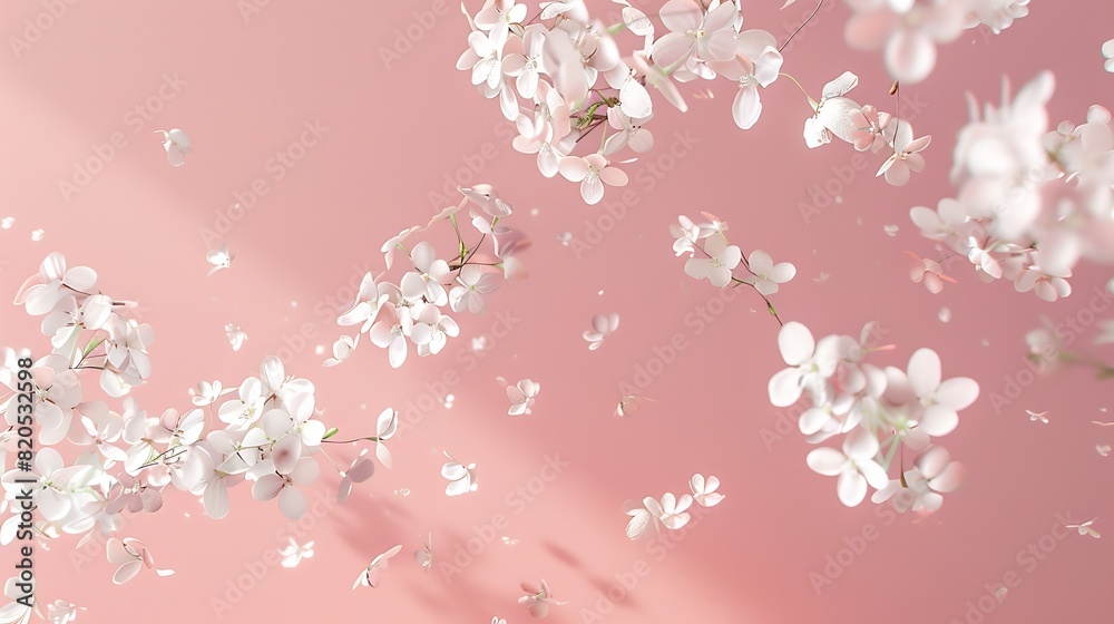 Poster a beautiful image of spring white cherry flowers flying in the air on the pastel pink background lev