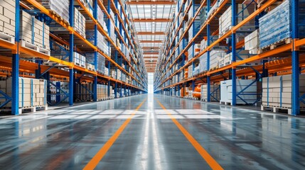 High-resolution image of goods shelving in a storage warehouse, capturing the precision of inventory management and advertising orderliness