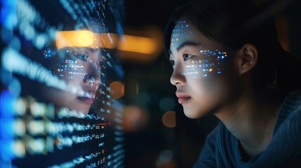 Portrait of Asian Female Startup Digital Entrepreneur Working on Computer Line of Code Projected on Her Face and Reflecting Software Developer Working on Innovative eCommerce App using : Generative AI