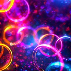 Glowing rings of neon purple, yellow, and pink in vibrant colours for international sports games. Abstract symbol background for a finish for a first place.