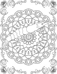 Shrimp on Mandala Coloring Page. Printable Coloring Worksheet for Adults and Kids. Educational Resources for School and Preschool. Mandala Coloring for Adults