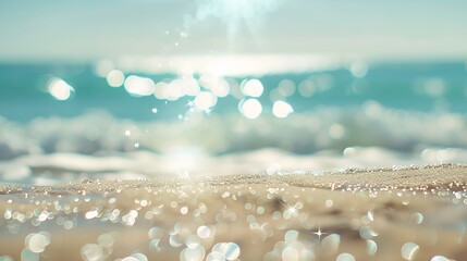 Natural blurred defocused background for concept summer vacation Nature of tropical summer beach with rays of sunlight Light sand beach ocean water sparkles against blue sky : Generative AI - Powered by Adobe