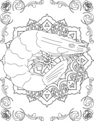 Shrimp on Mandala Coloring Page. Printable Coloring Worksheet for Adults and Kids. Educational Resources for School and Preschool. Mandala Coloring for Adults