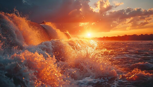 The setting sun casts a golden glow on the waves crashing against the rocky shore. The sky is ablaze with color, and the air is filled with the sound of the surf.