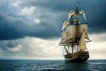 Fototapeta premium Tall Ship, Sailing ship on a calm ocean, digitally rendered illustration, AI generated