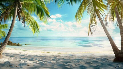 panorama of tropical beach with coconut palm trees : Generative AI