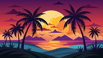 Fototapeta na wymiar dark-palm-trees-silhouettes-on-colorful-tropical