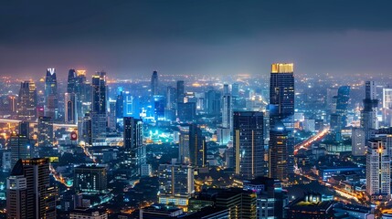 Naklejka premium Smart network and Connection technology concept with Bangkok city background at night in Thailand Panorama view : Generative AI