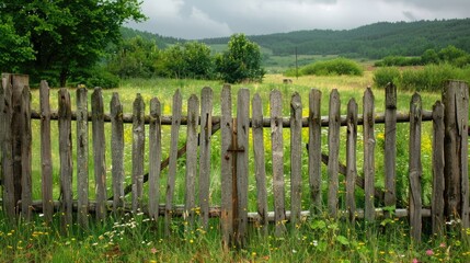 Obraz premium A rustic fence made of old wooden logs on the plot border. Generative AI