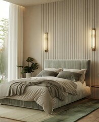 Fototapeta premium The interior of the bedroom is in light brown tones, Scandinavian style.