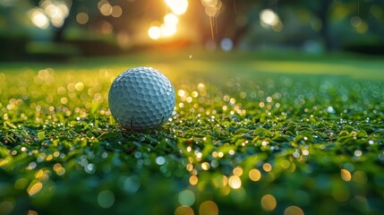 miniature golf course close up, focus on, copy space Vibrant scene of a golf course in a golf ball Double exposure silhouette with green field