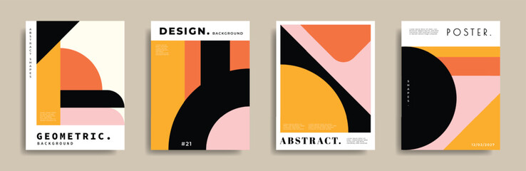 Abstract trendy geometric poster design set. Simple shapes background template bundle. Creative business layout graphic element. Polygonal shape backdrop. Circle, triangle, and square shapes cover des