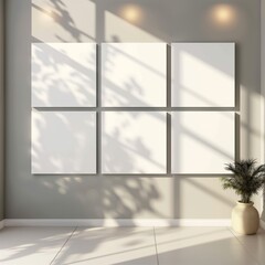 Six empty square paintings, mockup, hanging on the wall, lighting. White wall , potted plant