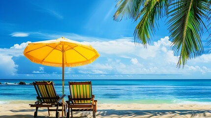 Chairs And Umbrella In Palm Beach  Tropical Holiday Banner : Generative AI