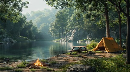A beautiful lakeside campsite with a view of the mountains