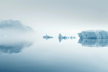 A tranquil icy landscape with icebergs in clean white and blue color tone. 