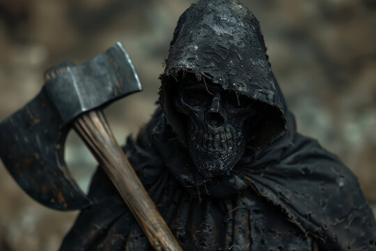A medieval warrior executioner clad in skull mask in black cloak holds massive ax in dark fantasy setting. The mans ominous presence is emphasized by his formidable weapon and mysterious attire