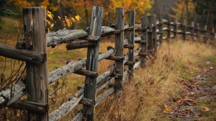 A rustic fence made of old wooden logs on the plot border. Generative AI