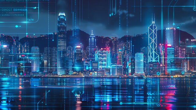 Smart network and Connection technology concept Hong Kong digital city background at night in victoria harbour Cyberpunk color style Panorama view : Generative AI