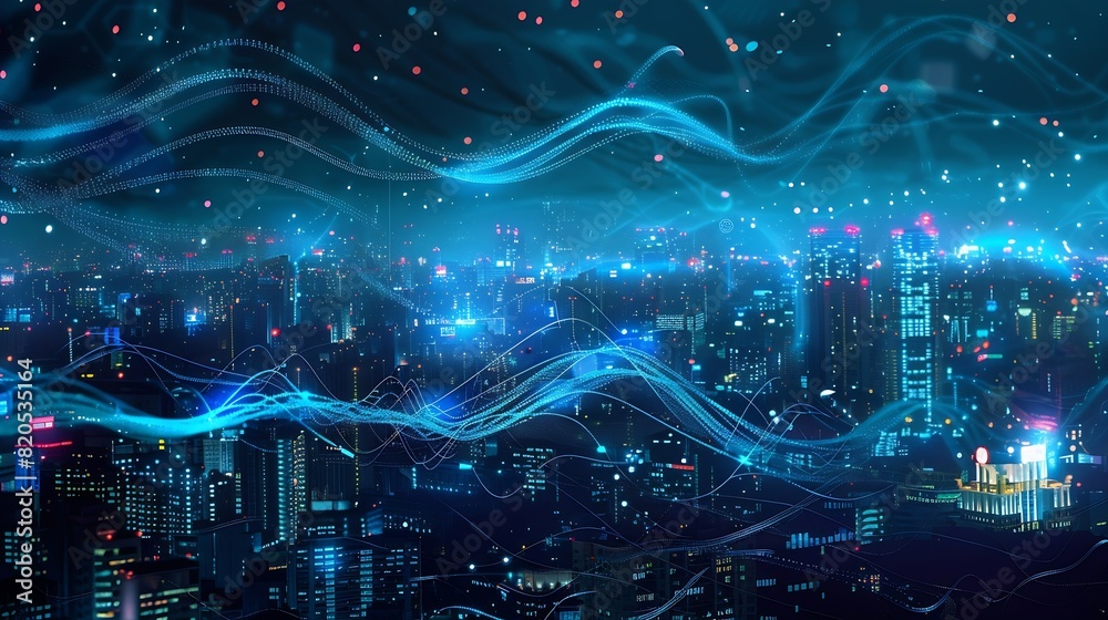Aufkleber smart city and big data connection technology concept with digital blue wavy wires with antennas on 