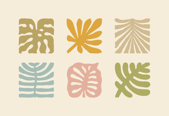 Palm Tree Leaves Boho Nature Illustration Set. Groovy Geometric Summer Palm Leaf. Vector Summer Abstract Square Tropical Icons in Freehand Retro Style for Logo, Print, Pattern, Poster, Web Design