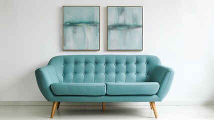 Two rectangular abstraction paintings hang on a white wall, a luxurious blue upholstered sofa, a modern minimal interior,