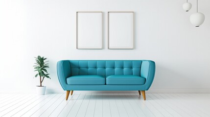 Two rectangular white abstraction paintings hang on a white wall, a luxurious blue upholstered sofa, a modern minimal interior,