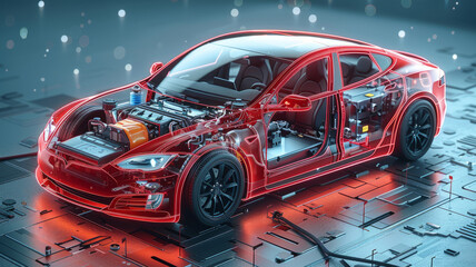 isometric diagram of a cutaway modern EV car showing all the components,generative ai