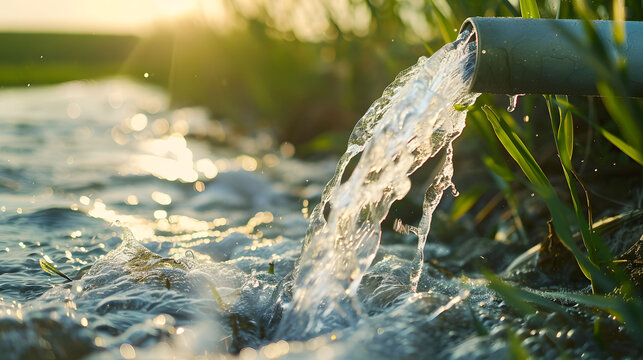 Close-up of clear water flowing from a pipe in a water field.