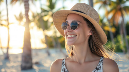 Cheerful woman wearing straw hat and sunglasses smiling with sea breeze on sandy beach at early sunrise