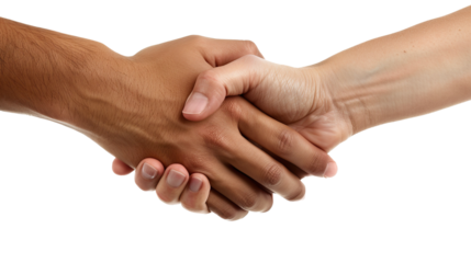 A pair of hands clasping together in a firm grip, fingers intertwined with a sense of unity and support, portrayed in a close-up image against a transparent background