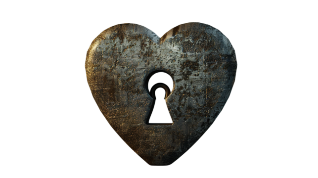 A heart-shaped lock with a keyhole at its center, symbolizing the idea of unlocking someone's heart or secrets, set against a transparent background