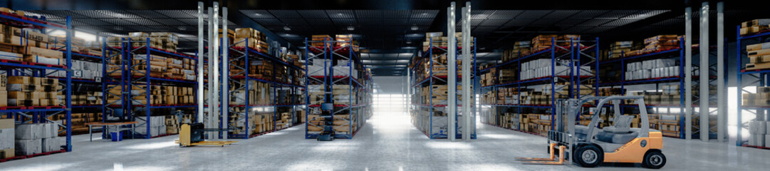 Extended panoramic view at large warehouse with a forklift,  numerous items and rows of shelves with boxes - panoramic 3D Visualization