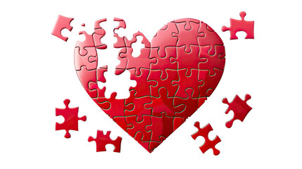 A heart-shaped puzzle with missing pieces, symbolizing the idea of incomplete love or the journey to finding one's missing half, portrayed on a transparent background