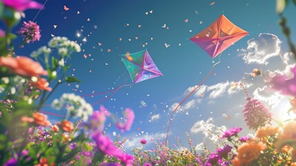 Illuminated Easter kites soaring through a cloudless sky, creating a mesmerizing dance of colors high above a floral landscape.