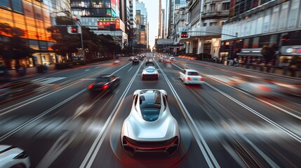 A futuristic of driverless electric cars navigating city streets, demonstrating the convergence of autonomous driving technology and electric vehicle propulsion