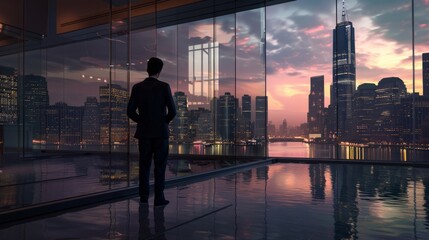 A man stands in front of a city skyline at sunset