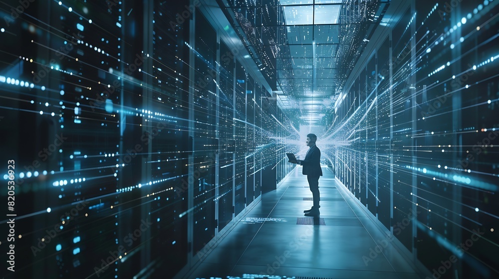 Poster futuristic concept data center chief technology officer holding laptop standing in warehouse informa