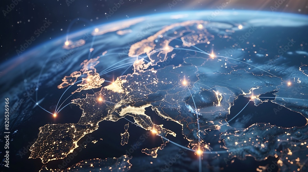Poster Communication technology with global internet network connected in Europe Telecommunication and data transfer european connection links IoT finance business blockchain security : Generative AI