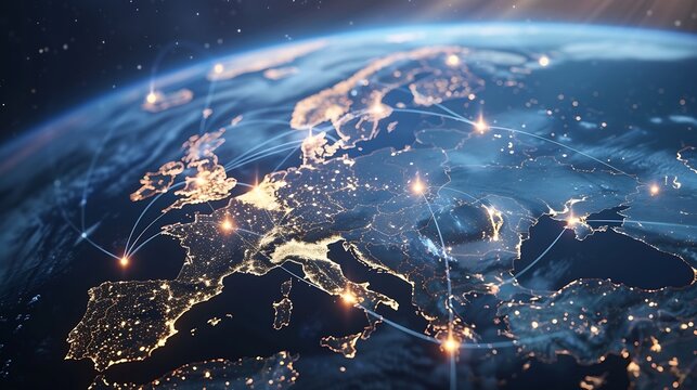 Communication technology with global internet network connected in Europe Telecommunication and data transfer european connection links IoT finance business blockchain security : Generative AI