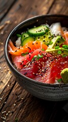 A highangle view of a chirashi sushi bowl, richly topped with vibrant slices of fresh fish, avocado, and cucumber, on a polished wooden table